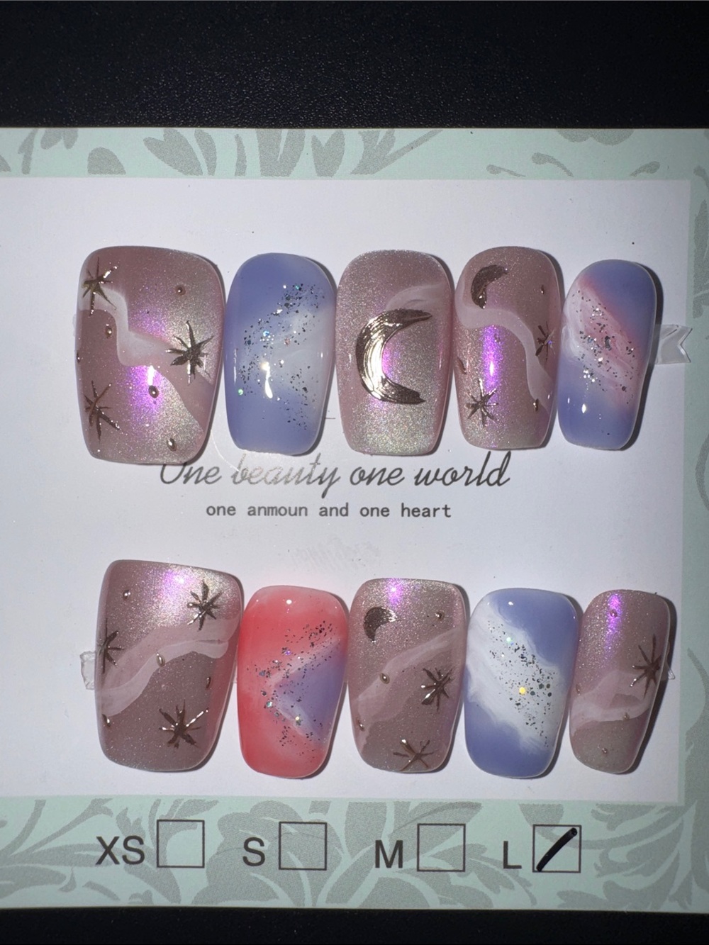 Hand-Painted Moon & Stars Ombre Press-On Nails - Pink, Lavender, Blue